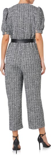 Tweed Puff Sleeve Ankle Jumpsuit