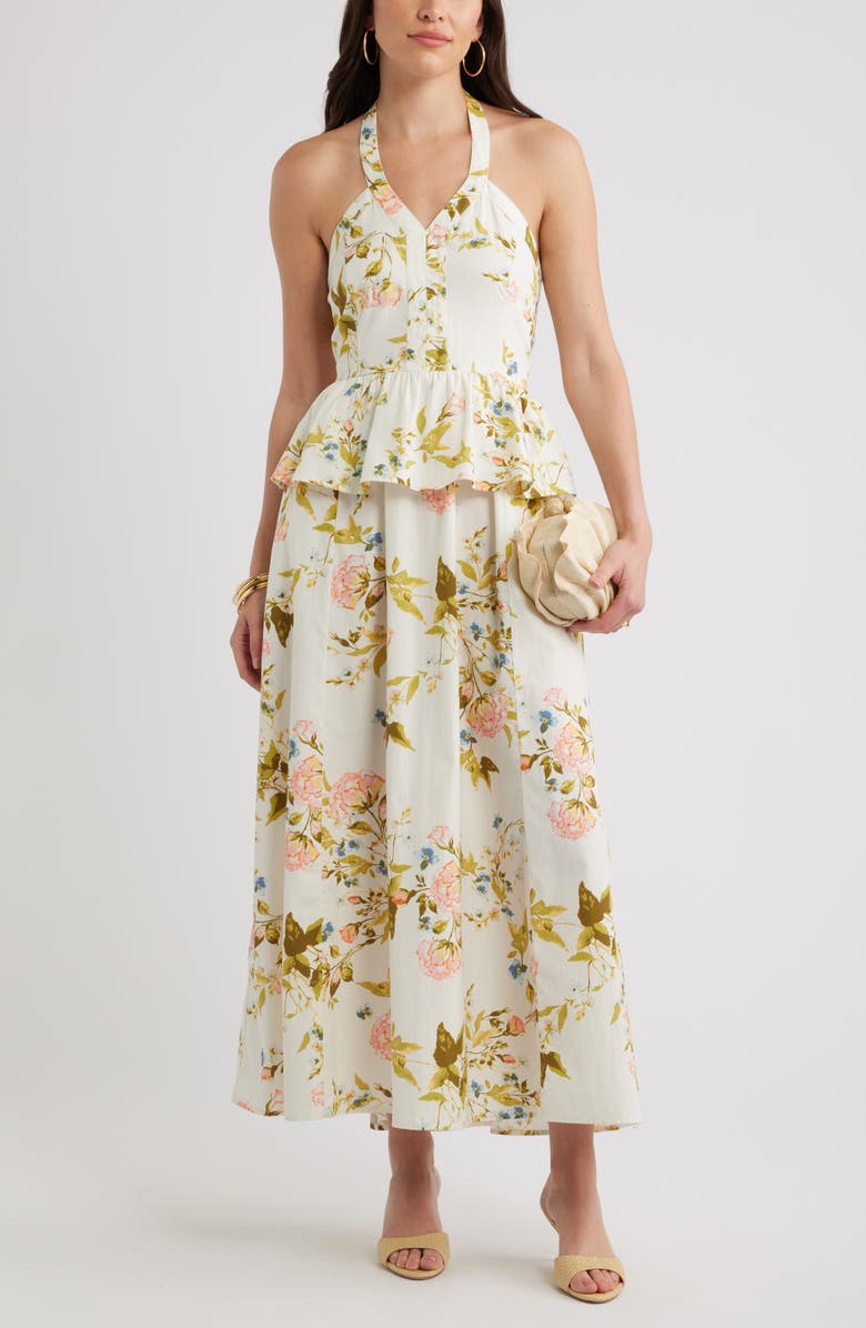 Chelsea28 Peplum Halter Dress, Alternate, color, Teal Reese Floral