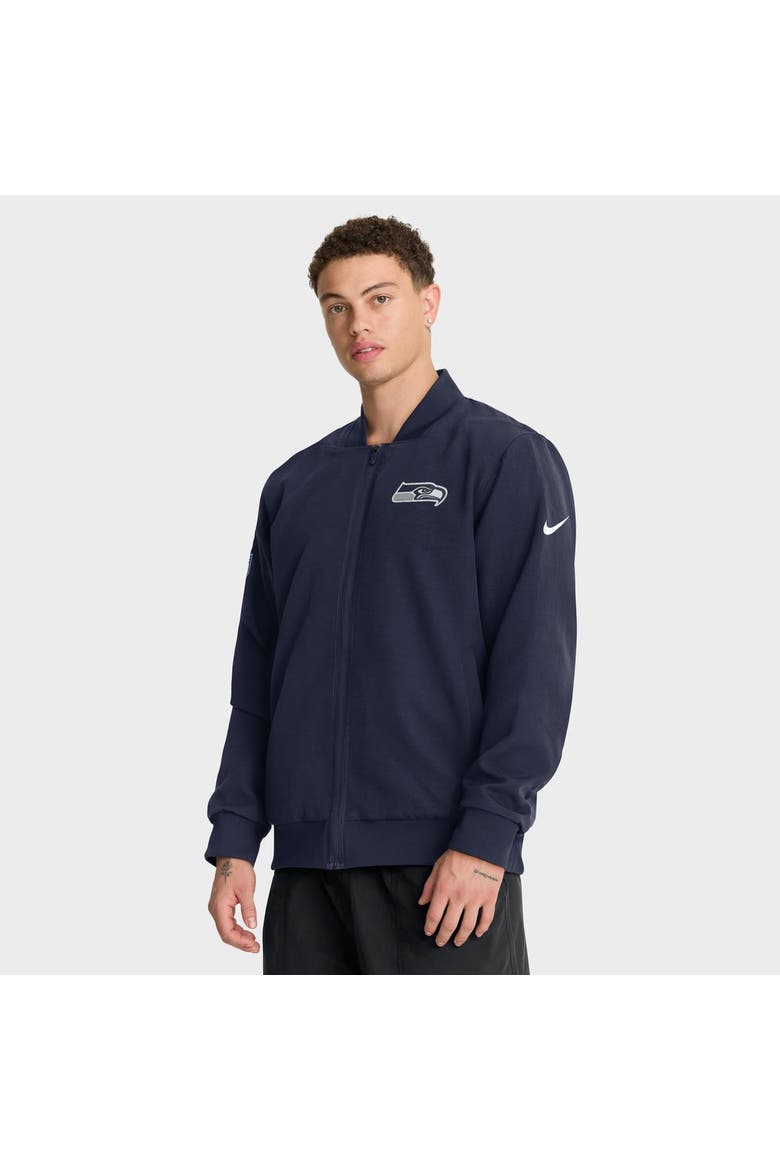 Men's Nike College Navy Seattle Seahawks Sideline Powerful Blocking Full-Zip Dri-FIT Bomber Jacket, Main, color, College Navy