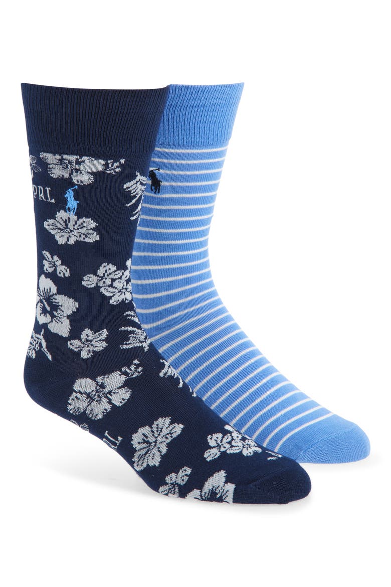 Assorted 2-Pack Floral & Stripe Cotton Blend Dress Socks, Main, color, NAVY