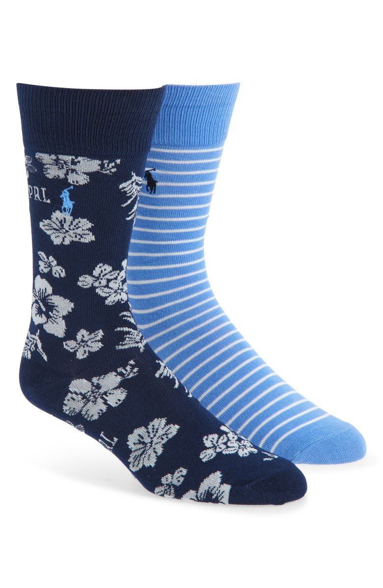 Polo Ralph Lauren Assorted 2-Pack Floral & Stripe Cotton Blend Dress Socks, Main, color, Navy