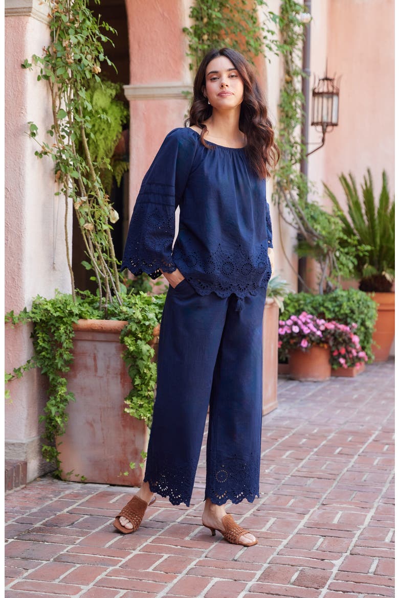 Eyelet Embroidery Peasant Top, Alternate, color, NAVY
