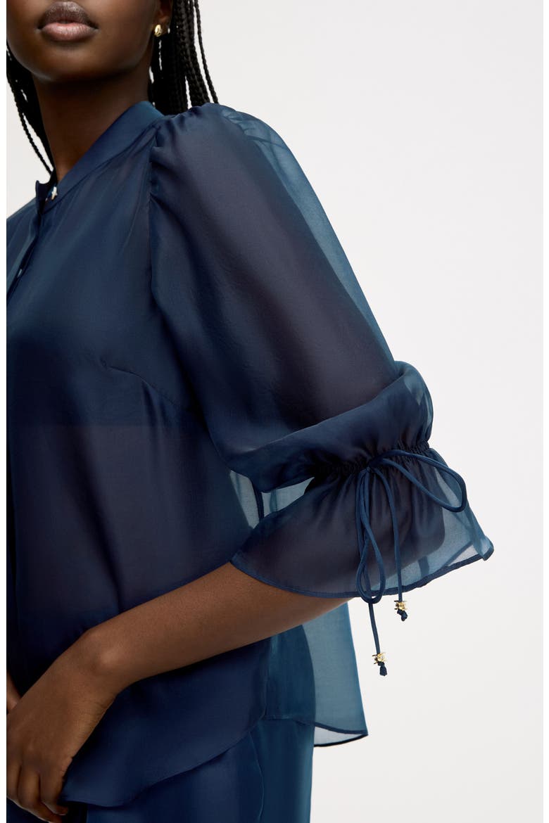 Semi Sheer Button-Up Tie Cuff Top, Alternate, color, NAVY