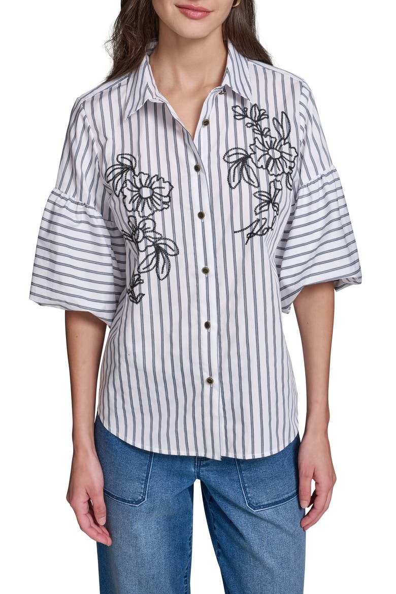 Embroidered Puff Sleeve Shirt, Main, color, SOFT WHITE/ MIDNIGHT NAVY