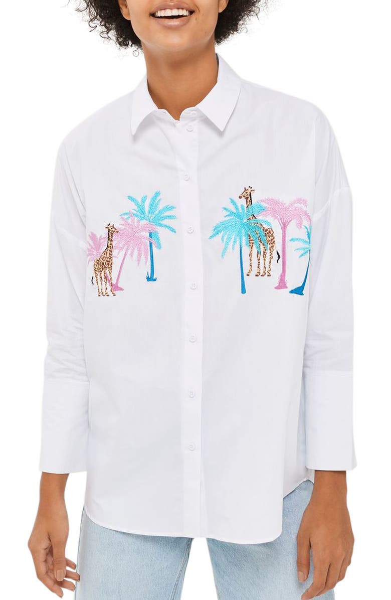 Topshop Palm & Giraffe Embroidered Shirt, Main, color,