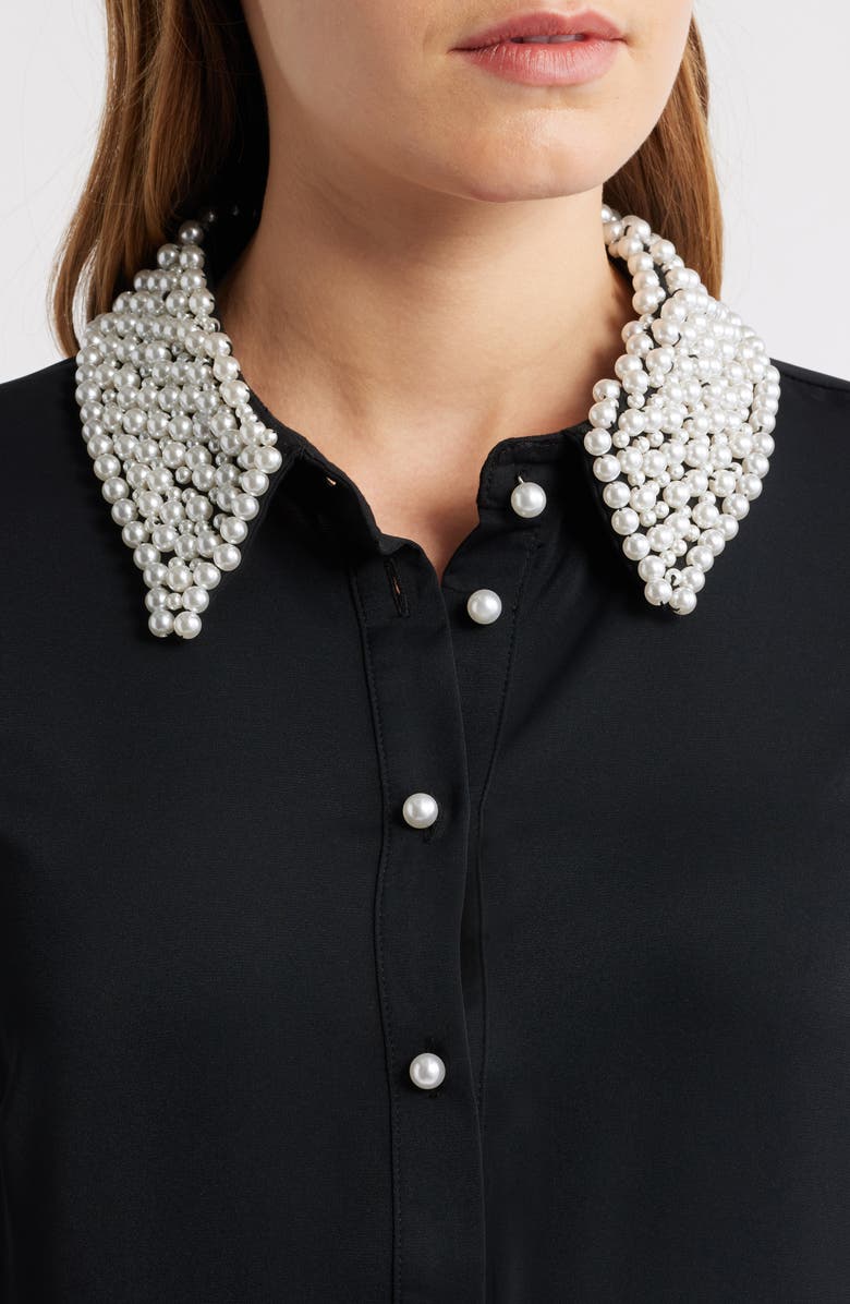 CeCe Beaded Collar Bow Long Sleeve Shirtdress, Alternate, color, Rich Black