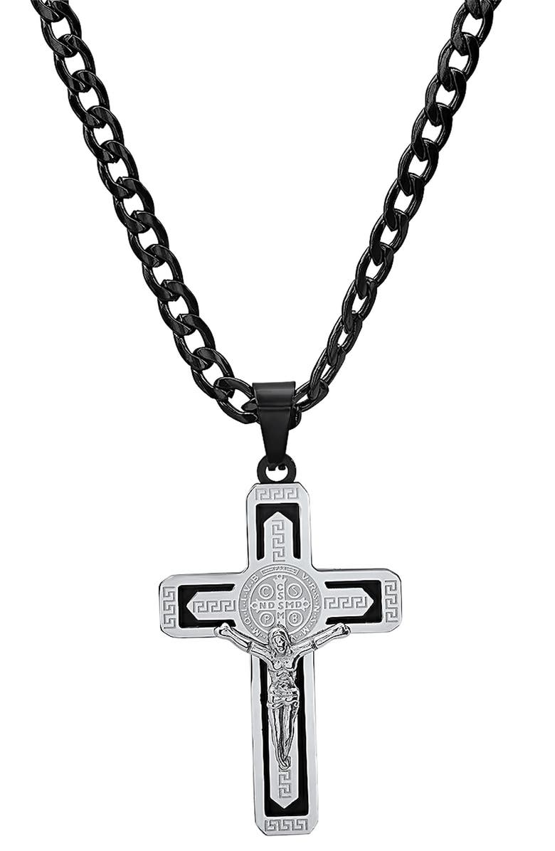 HMY JEWELRY Crucifix Pendant Necklace, Main, color, Silver/ Black