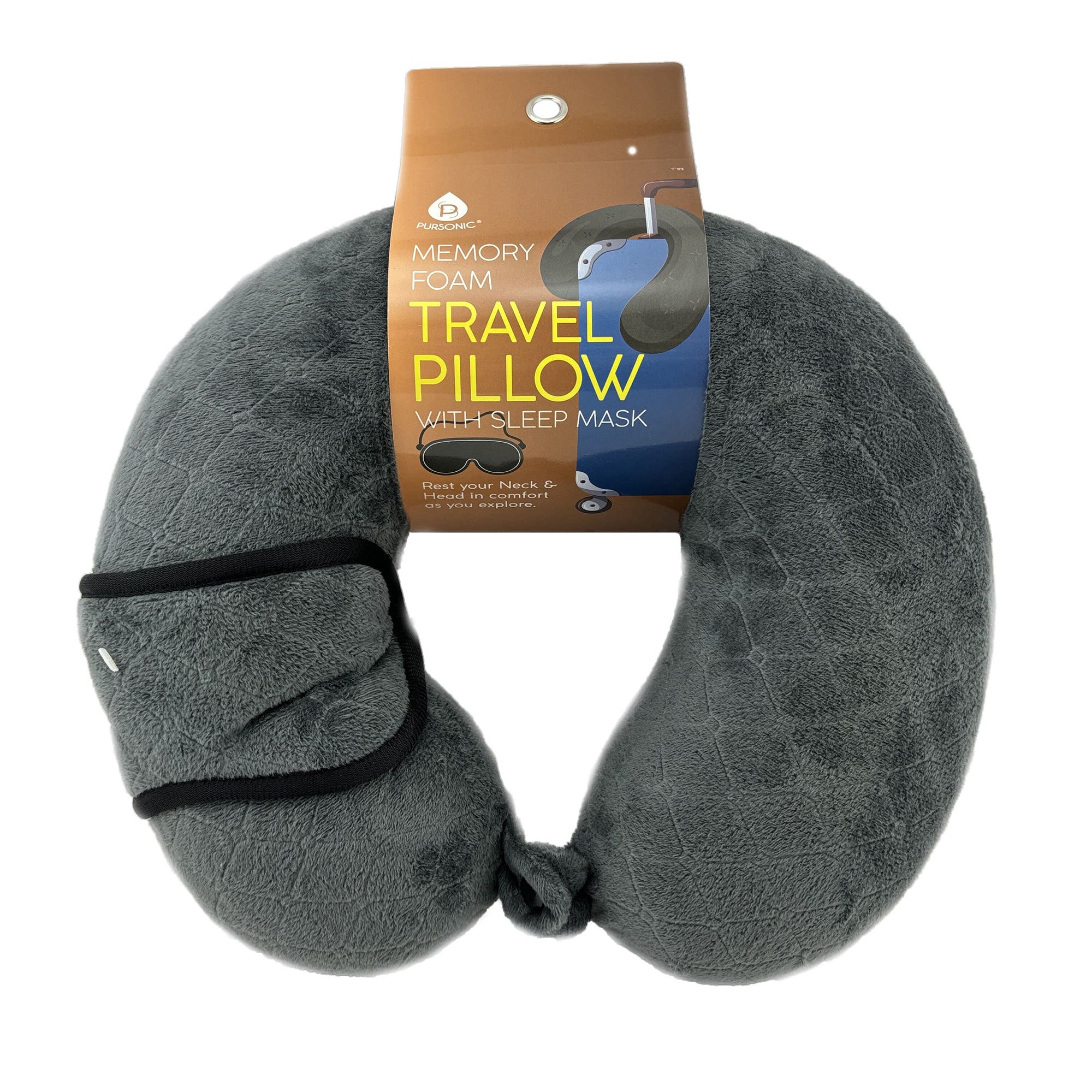 PURSONIC Memory Foam Travel Pillow with Sleep Mask, Alternate, color, Gray
