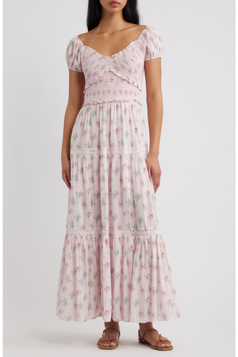 Amandla Floral Smock Bodice Cotton Maxi Dress, Main, color, EAU DE ROSE