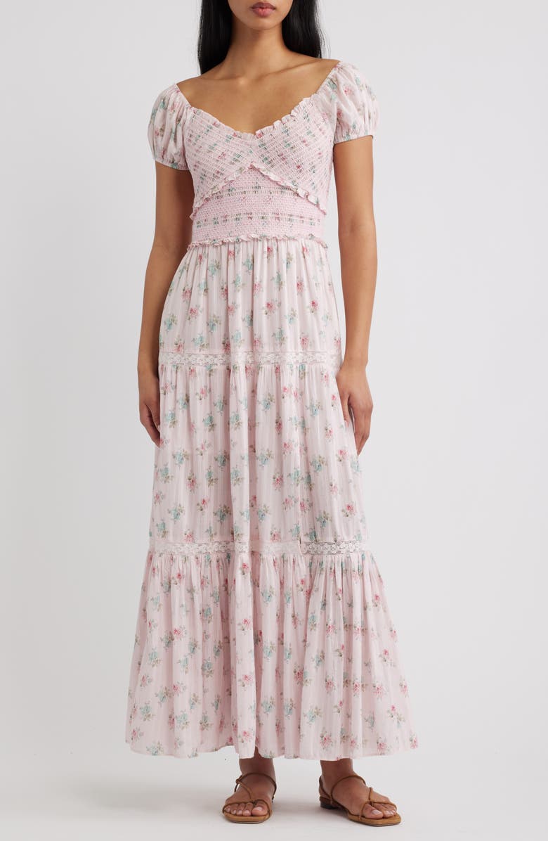LoveShackFancy Amandla Floral Smock Bodice Cotton Maxi Dress, Main, color, 