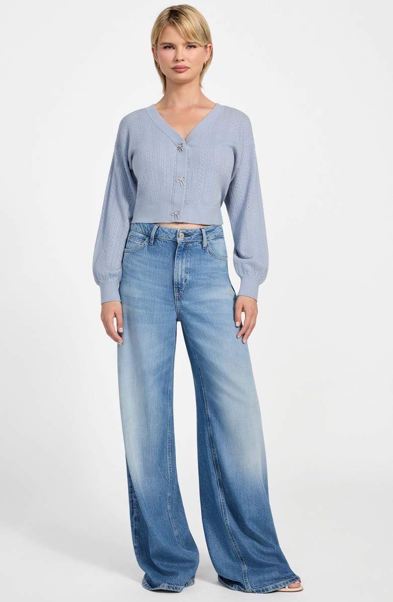 GUESS Lyla Pointelle Crop Cardigan, Alternate, color, Nimbus Blue