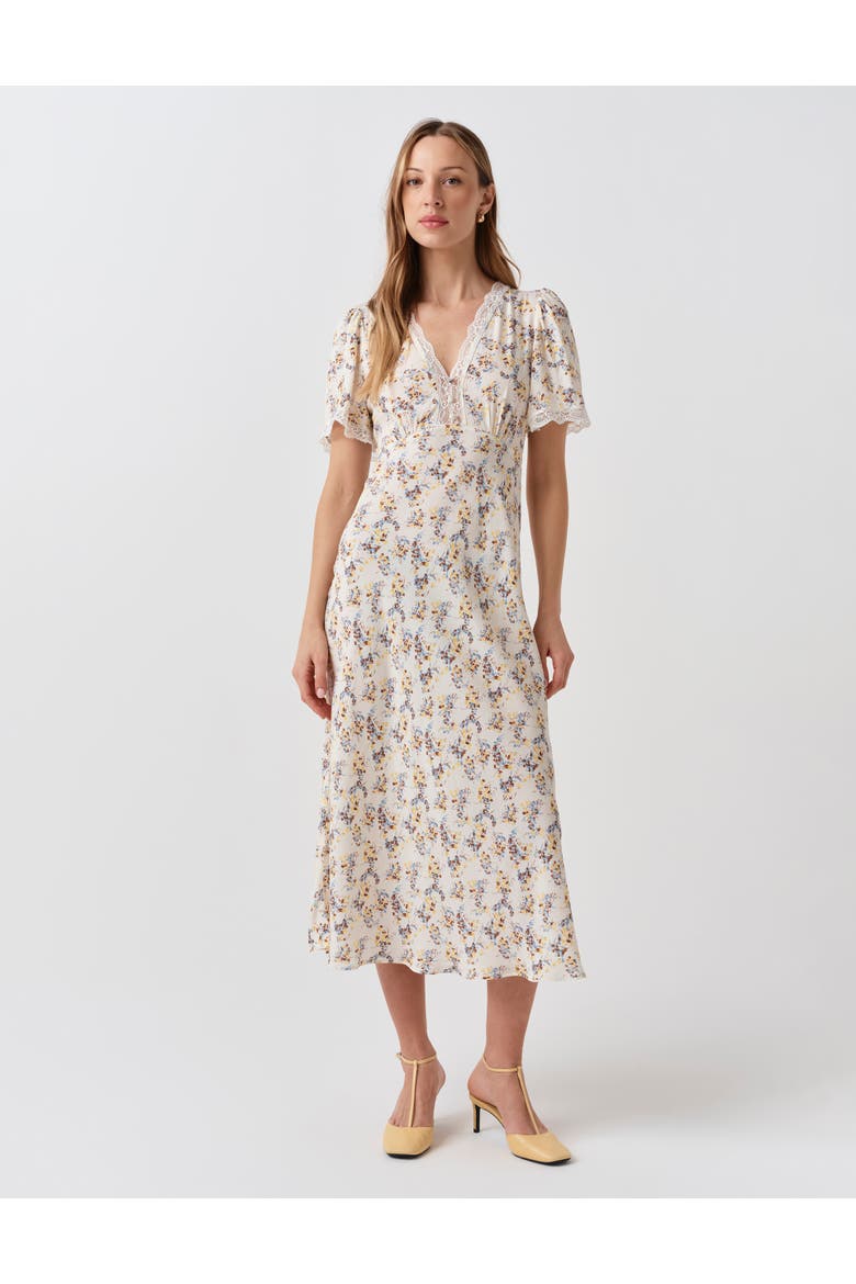 Belle Lace Crepe V-Neck Midi Dress, Main, color, Ivory Ditsy