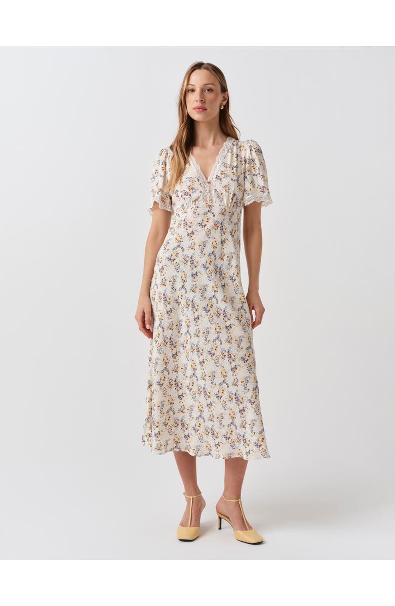 Ghost London Belle Lace Crepe V-Neck Midi Dress, Main, color, Ivory Ditsy