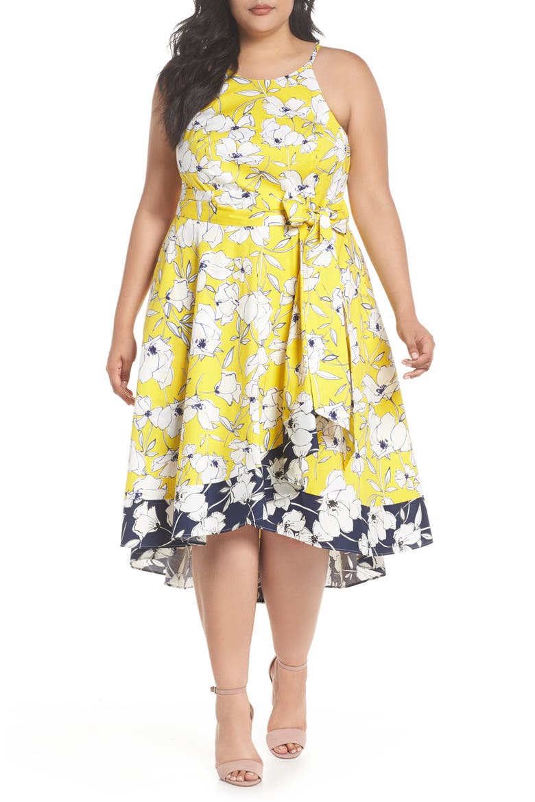 Floral Fit & Flare Dress, Main, color, YELLOW/ NAVY/ WHITE