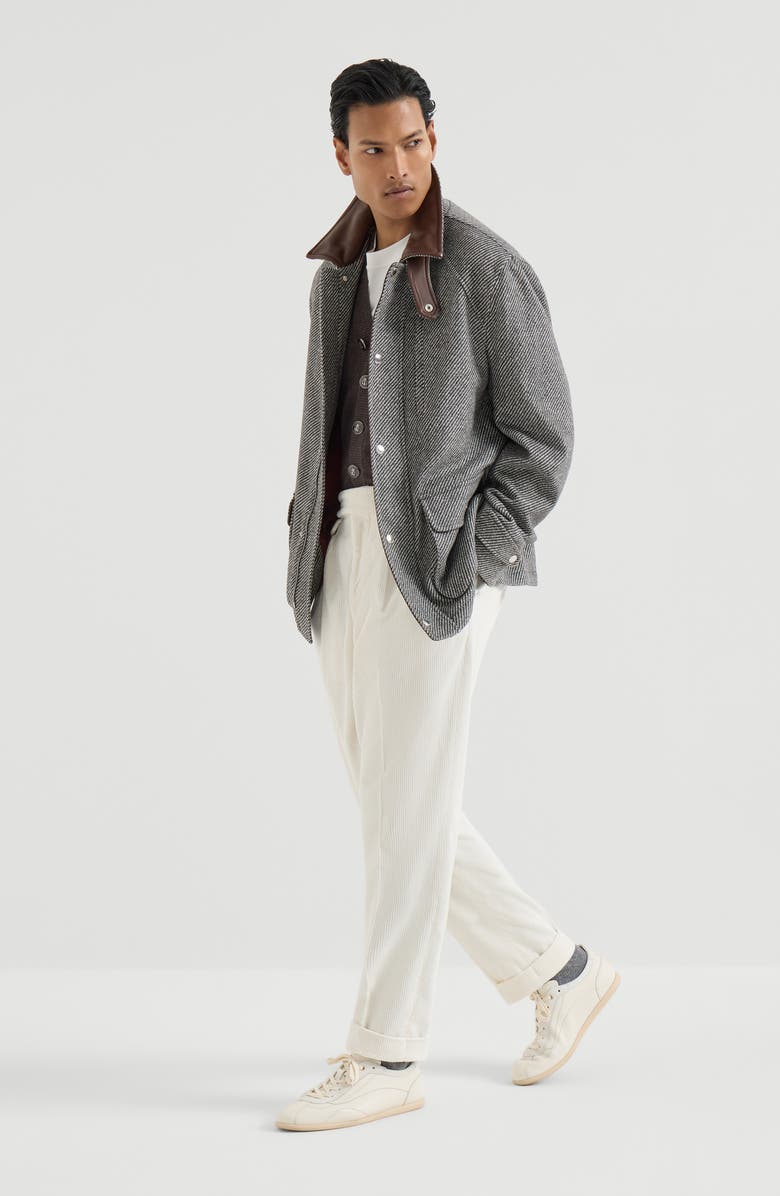 Brunello Cucinelli Cashmere and silk diagonal field jacket with nappa leather inserts, Alternate, color, Medium Grey