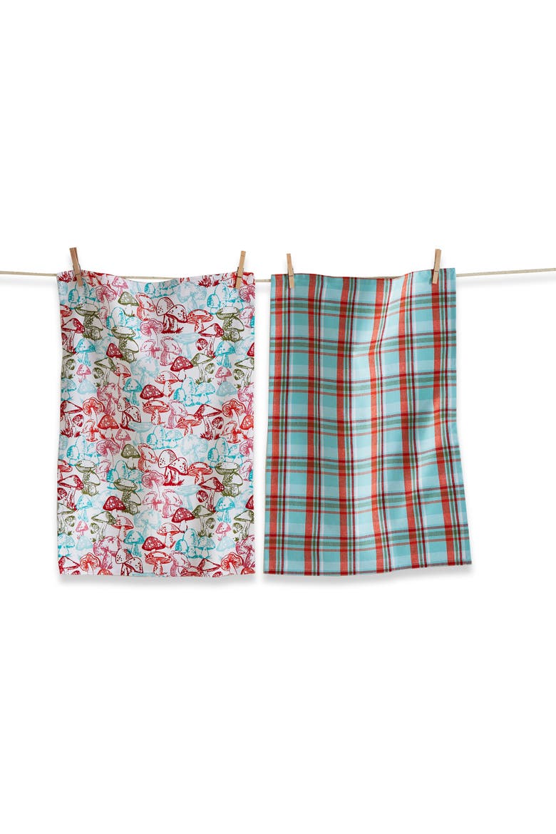 Woodcut Mushroom Dishtowel Set Multicolor Cotton Kitchen Towels, Main, color, Blue