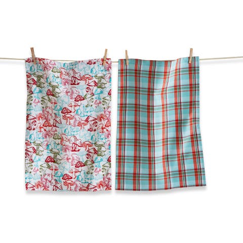 Woodcut Mushroom Dishtowel Set Multicolor Cotton Kitchen Towels