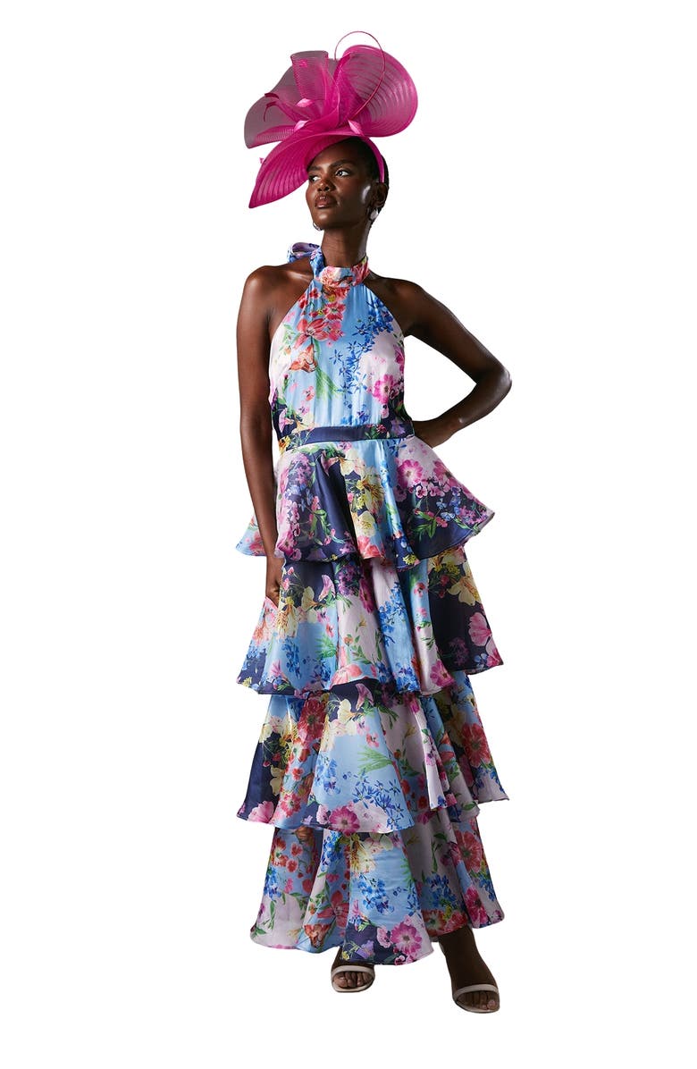 Coast Cross Neck Printed Frill Skirt Dress, Main, color, Navy