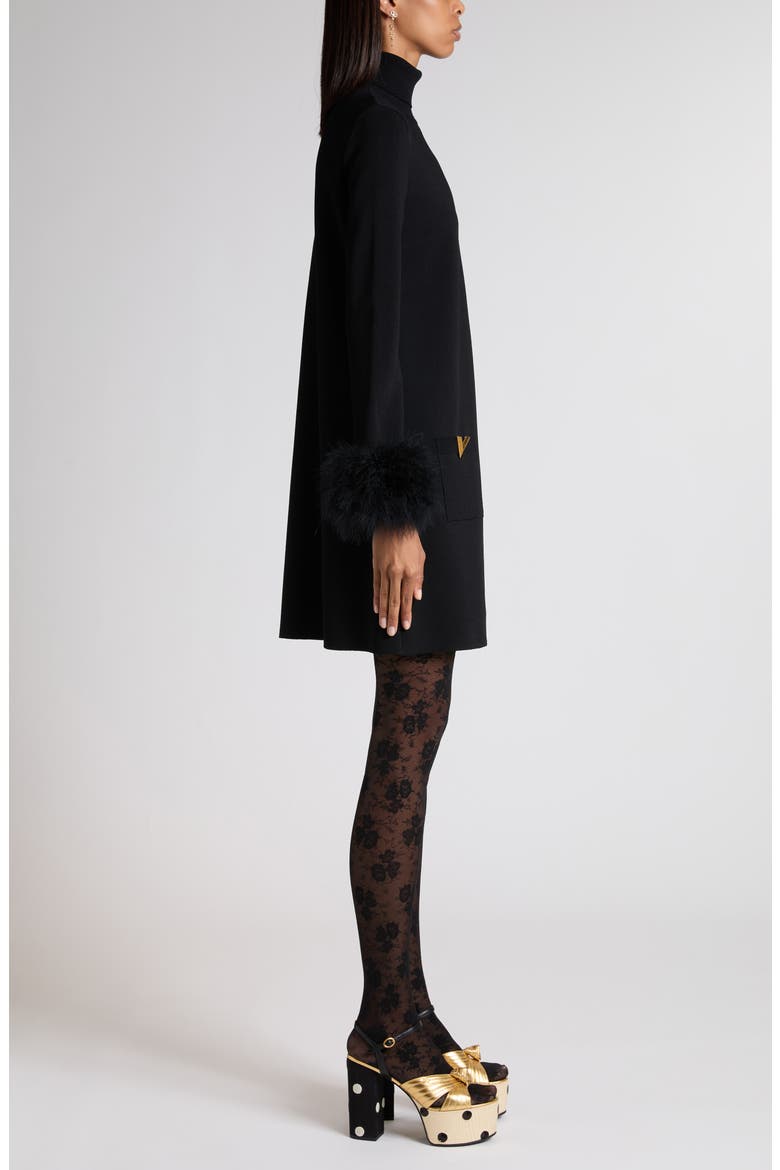 Feather Trim Long Sleeve Sweater Minidress, Alternate, color, BLACK