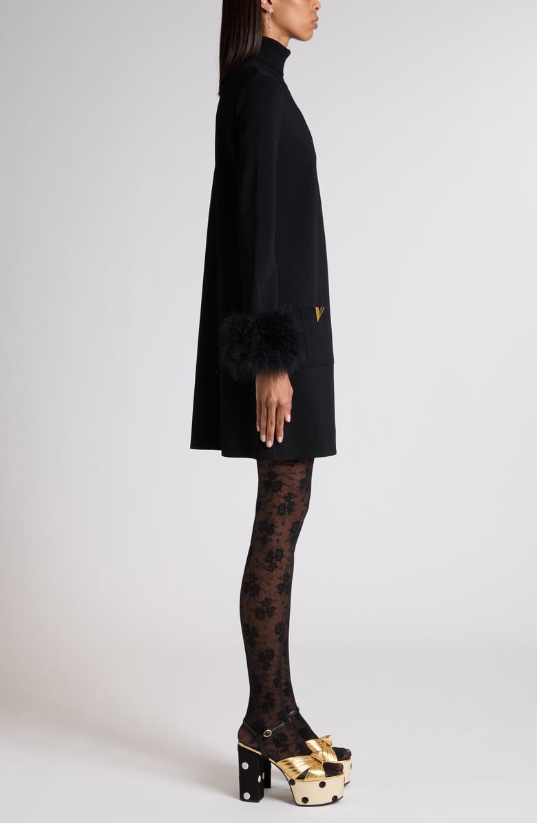 Valentino Feather Trim Long Sleeve Sweater Minidress, Alternate, color, Black