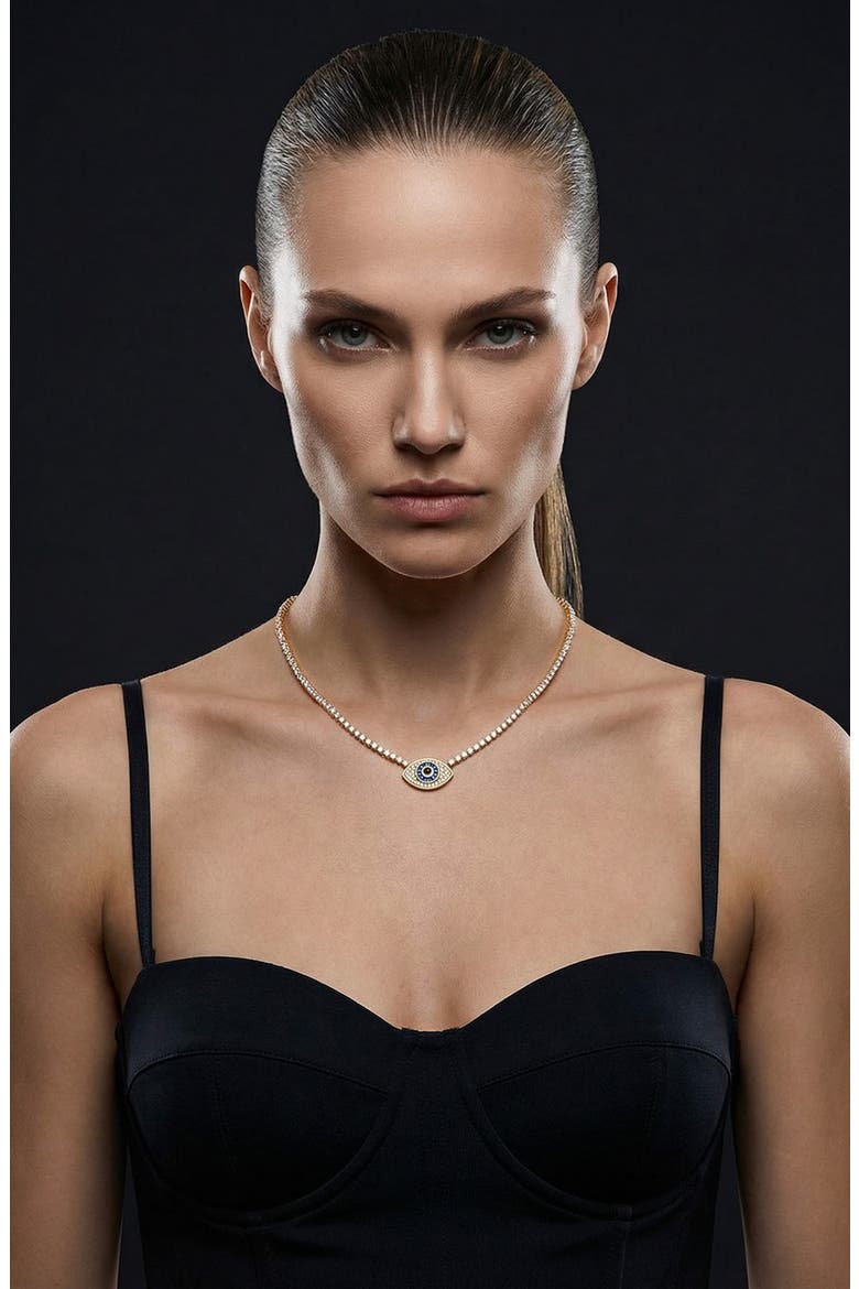 Riley Cubic Zirconia Evil Eye Pendant Tennis Necklace, Alternate, color, GOLD