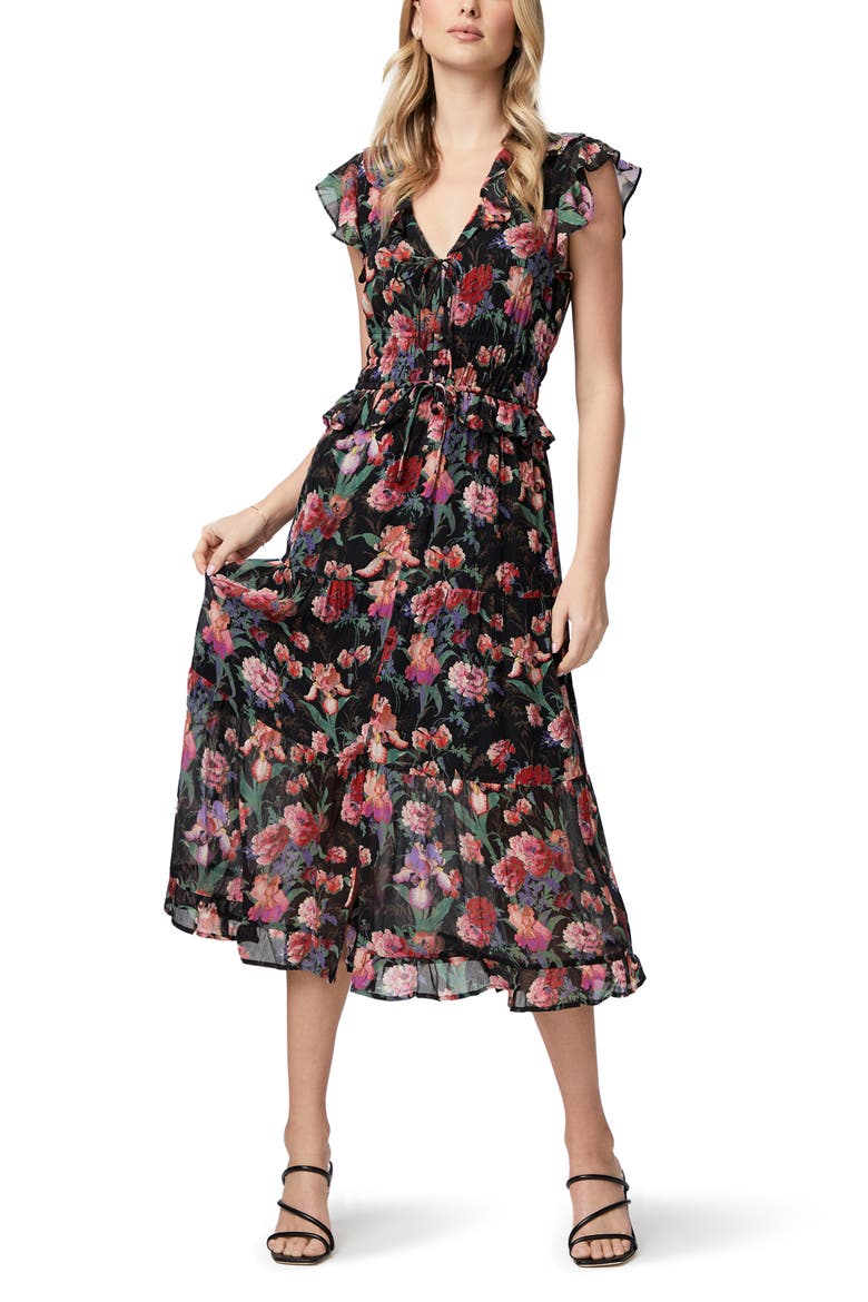 Paradis Ruffle Silk Midi Dress, Alternate, color, BLK MULTI
