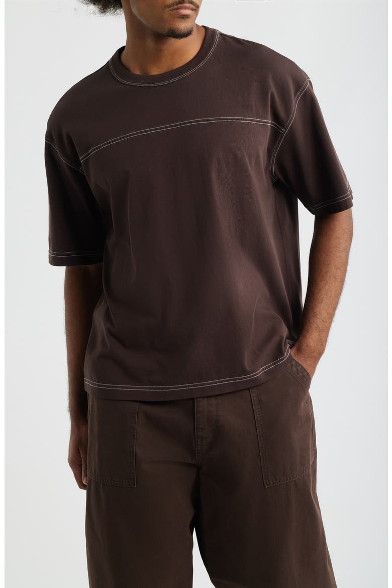 Contrast Coverstitch Cotton Jersey T-Shirt, Main, color, BROWN COFFEE