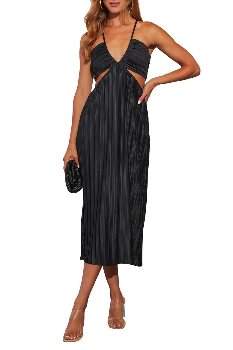 Hollywood Dreams Pleated Tie Back Dress, Main, color, BLACK