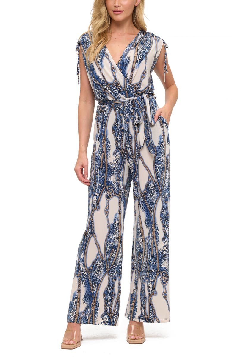 O.L. Tie Waist Wide Leg Jumpsuit, Alternate, color, Ivory/ Blue/ Black