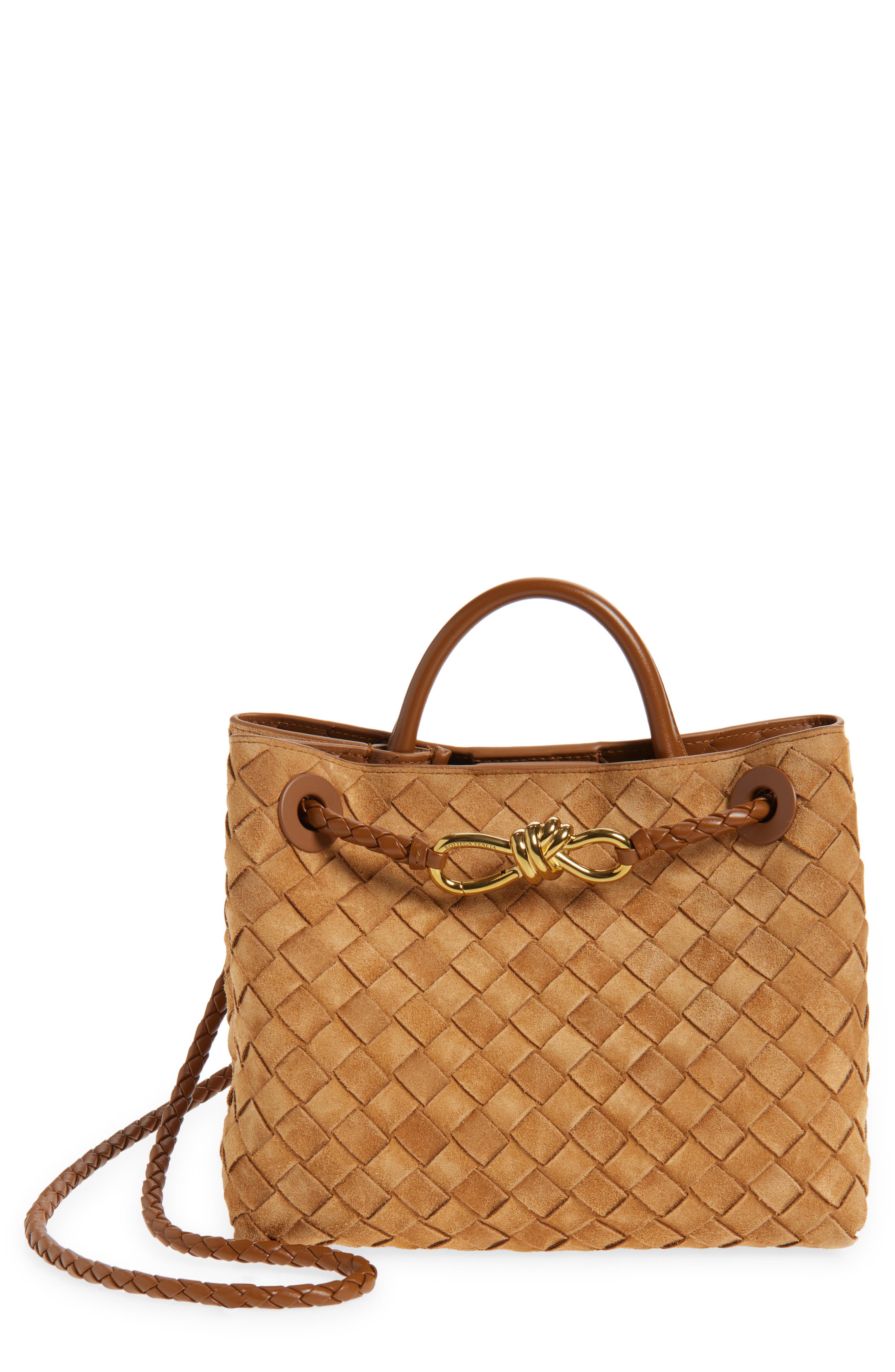 Bottega Veneta Small Andiamo Intrecciato Suede Shoulder Bag, Main, color, Amber