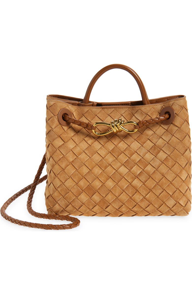 Bottega Veneta Small Andiamo Intrecciato Suede Shoulder Bag, Main, color, Amber