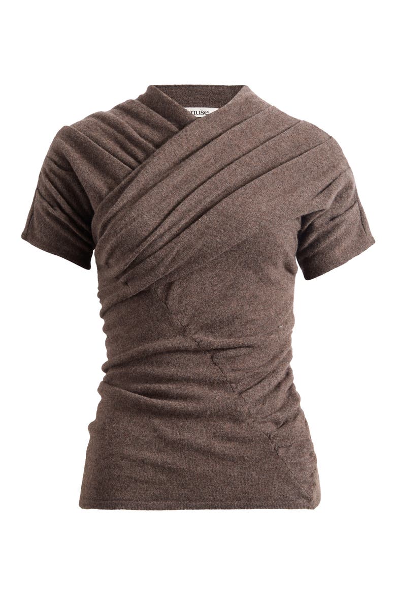 Pleated Wool Short Sleeve Top, Main, color, BROWN