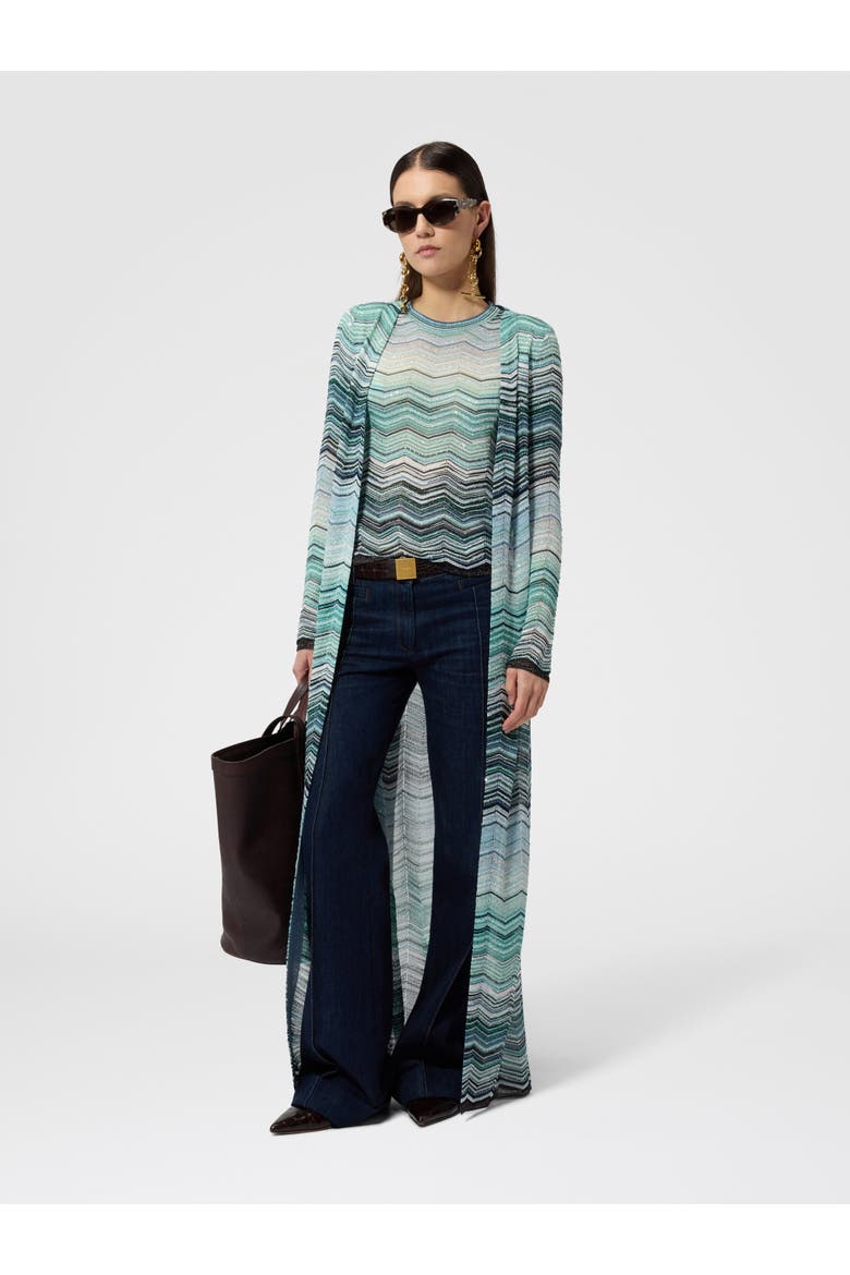 Long Cardigan With Chevron Motif And Sequins, Alternate, color, Turquoise