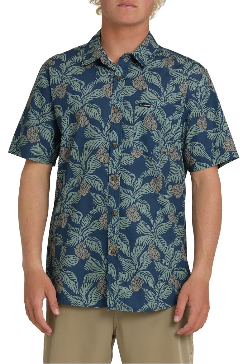 Hala Pineapple Print Classic Short Sleeve Cotton Button-Up Shirt, Main, color, DARK DENIM
