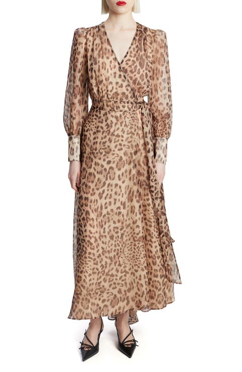 Lucianna Leopard Print Long Sleeve Wrap Dress
