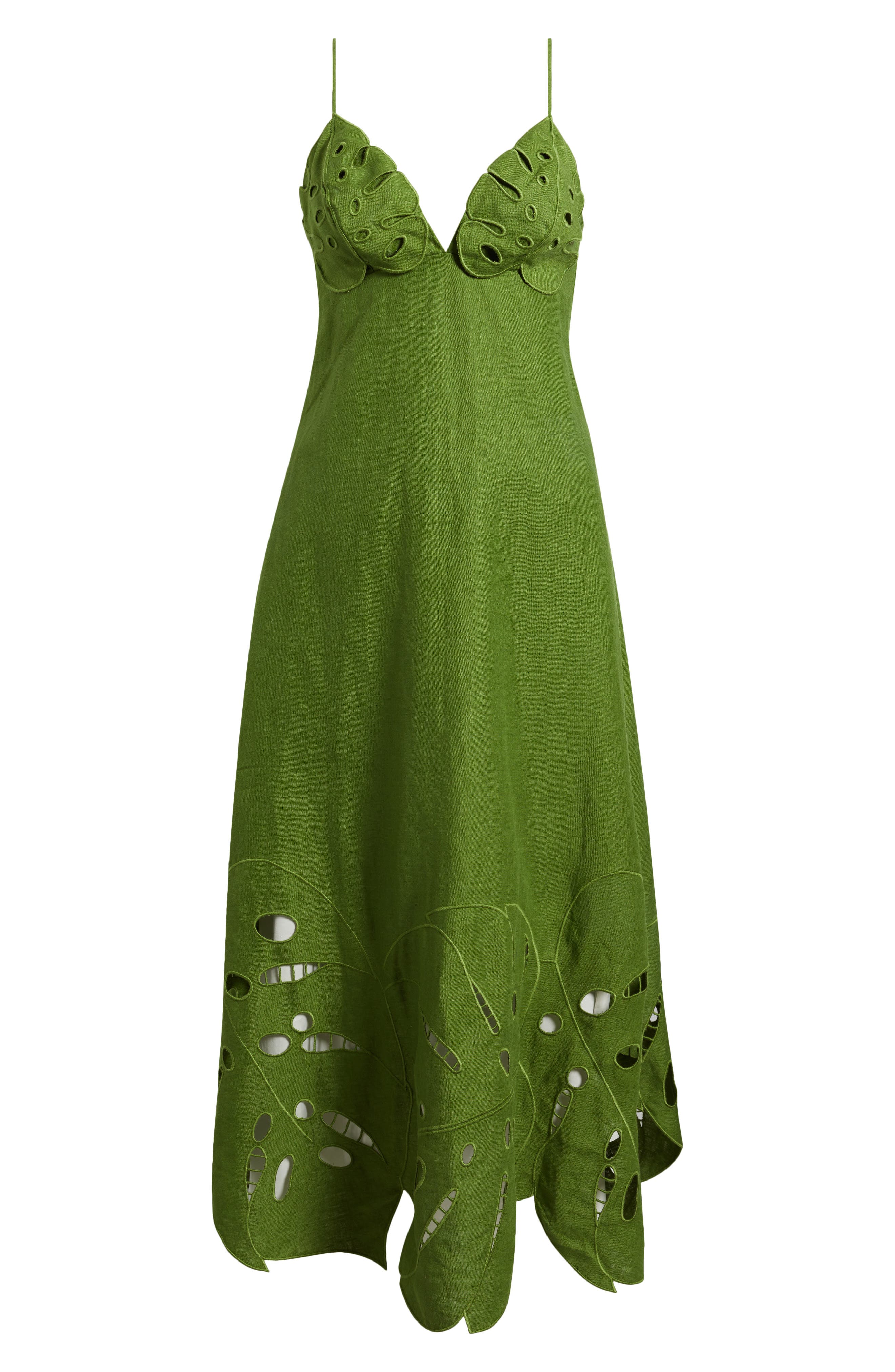 farm rio green monstera dress Embroidery Linen Midi (Women) Off  White