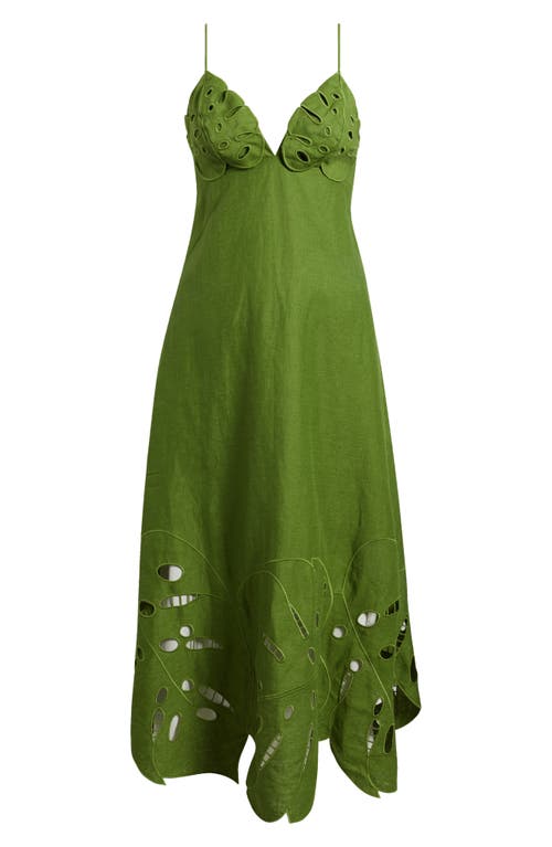 Farm Rio Green Monstera Embroidered Euroflax Premium Linen Midi Dress