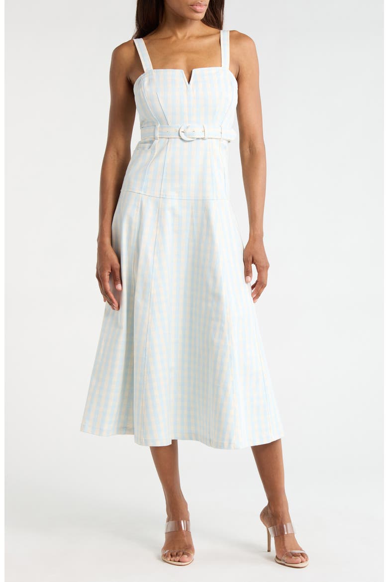 Tina Gingham Belted Denim Sundress, Main, color, MORNING SKY/ LIGHT PLASTER