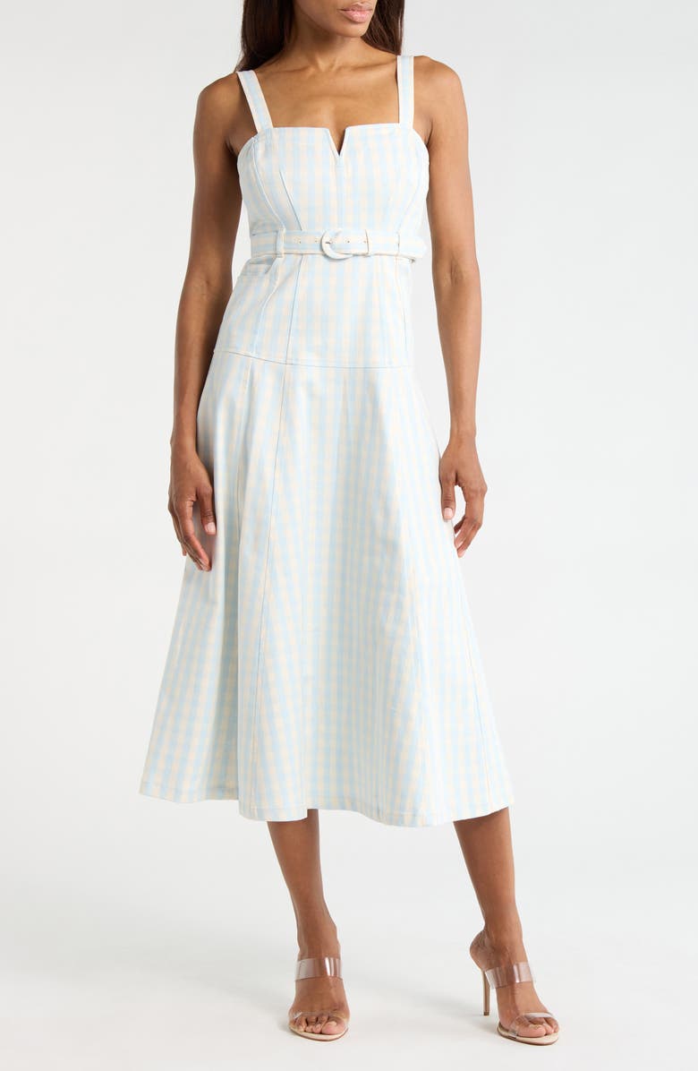 Cinq à Sept Tina Gingham Belted Denim Sundress, Main, color, Morning Sky/ Light Plaster