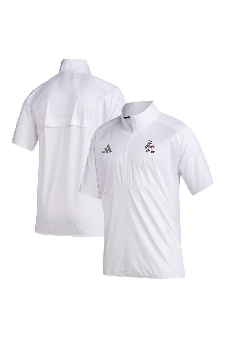 Men's adidas  White Texas A&M Aggies Ol' Sarge Sideline Short Sleeve Quarter-Zip Pullover Top, Alternate, color, White
