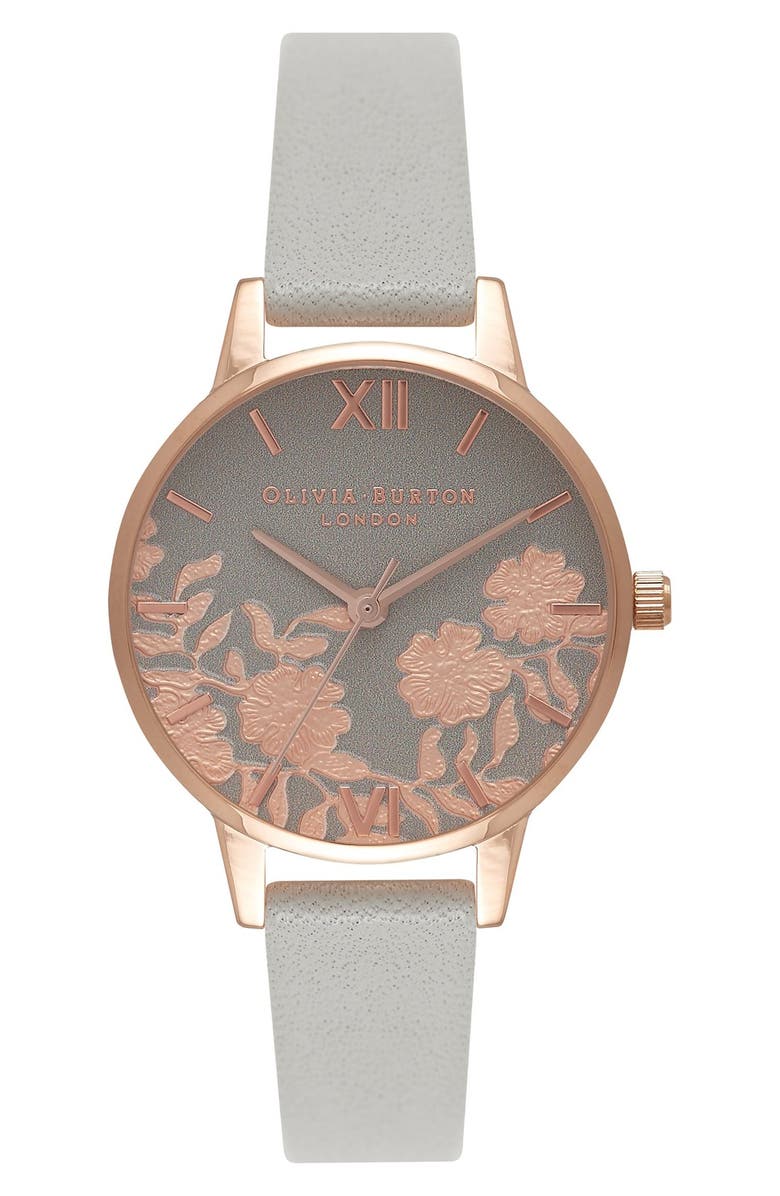 Olivia Burton Lace Detail Leather Strap Watch, 30mm, Main, color,
