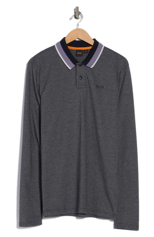 Hugo Boss Boss Stripe Collar Long Sleeve Cotton Piqué Polo In Gray