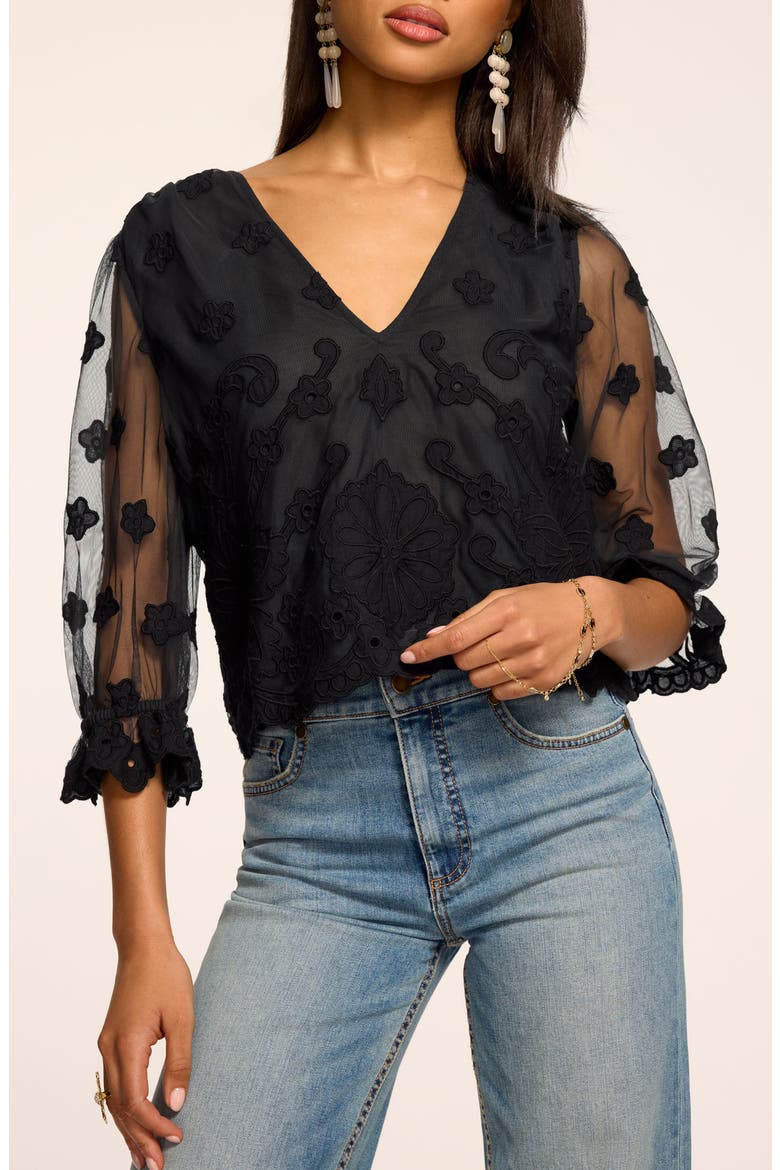 Esmeralda Floral Embroider V-Neck Shirt, Main, color, BLACK EMBROIDERY