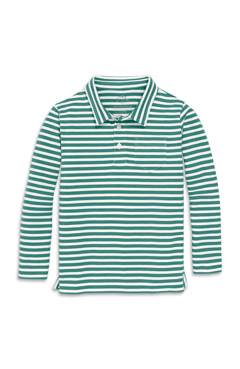 Primary Kids Long Sleeve Polo in Stripe, Main, color, Ivory/ Sunwashed Teal Stripe