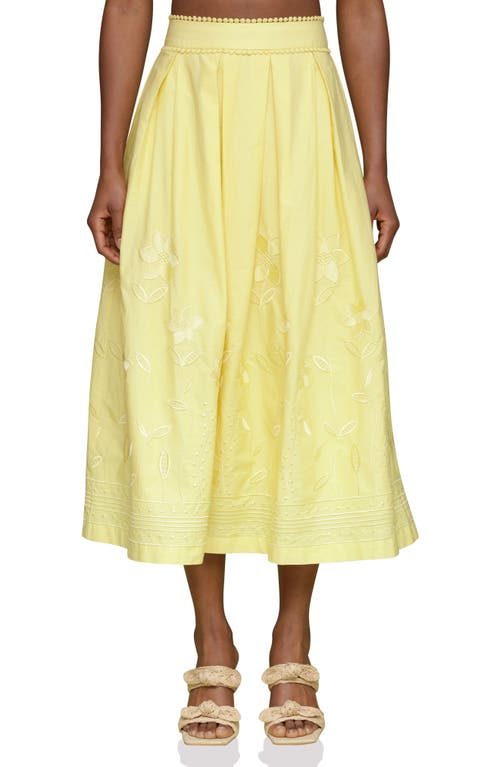 Shop Avec Les Filles Floral Embroidered Pleated Cotton Midi Skirt In Citron