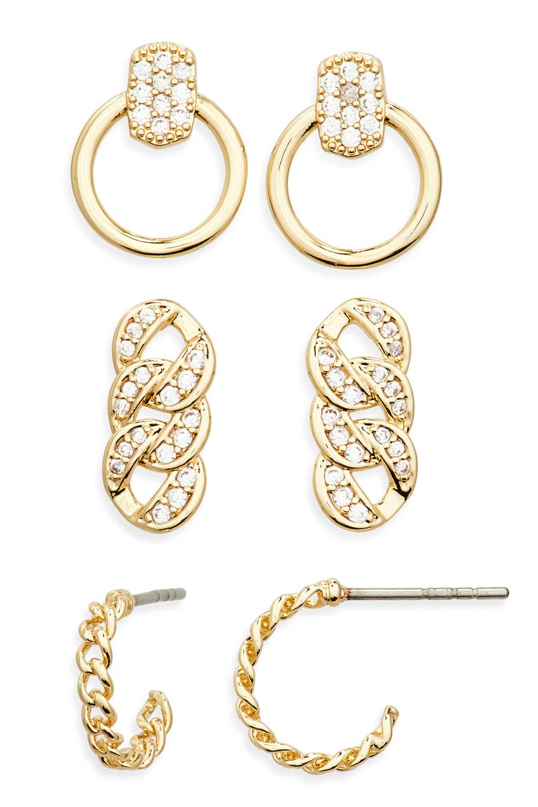 3 Pairs of Demi Fine Link Earrings, Alternate, color, CLEAR- GOLD