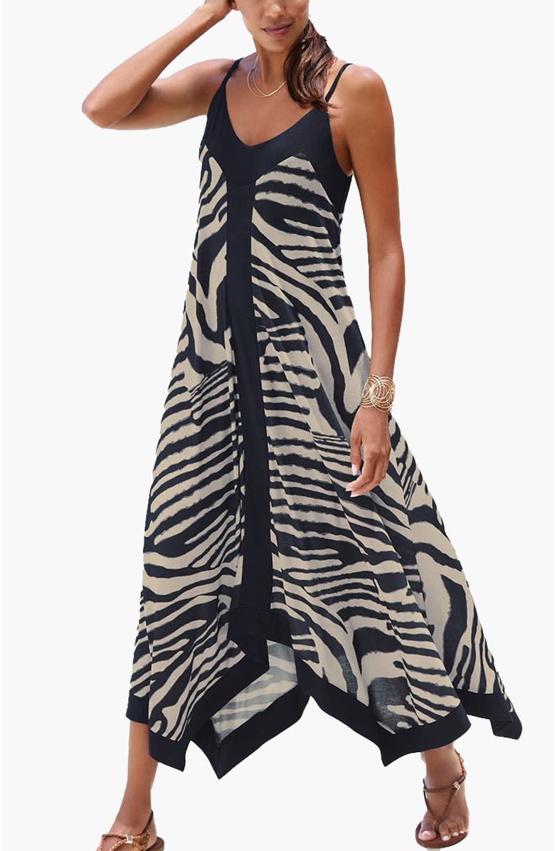 LASCANA Women's Color Block Trim Print Dress, Main, color, Ivory Navy