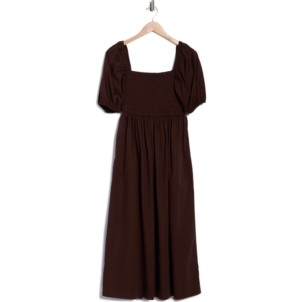 Wayf Puff Sleeve Smocked Midi Dress In Brown