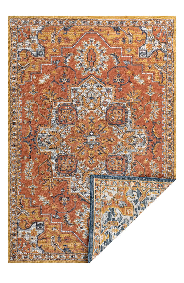 JONATHAN Y Bijan Traditional Vintage Medallion Reversible Machine-Washable Indoor/Outdoor Area Rug, Alternate, color, Terra/Blue/Cream