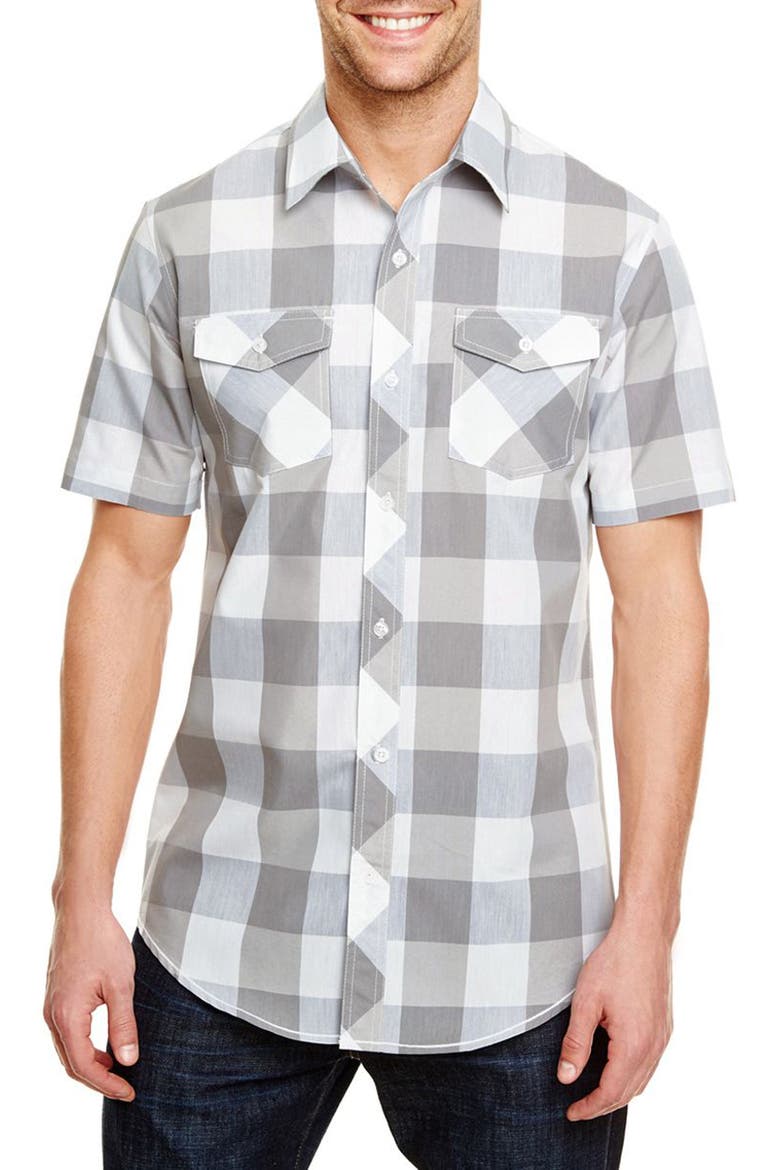 Short Sleeve Plaid Shirt, Main, color, GREY/ WHITE